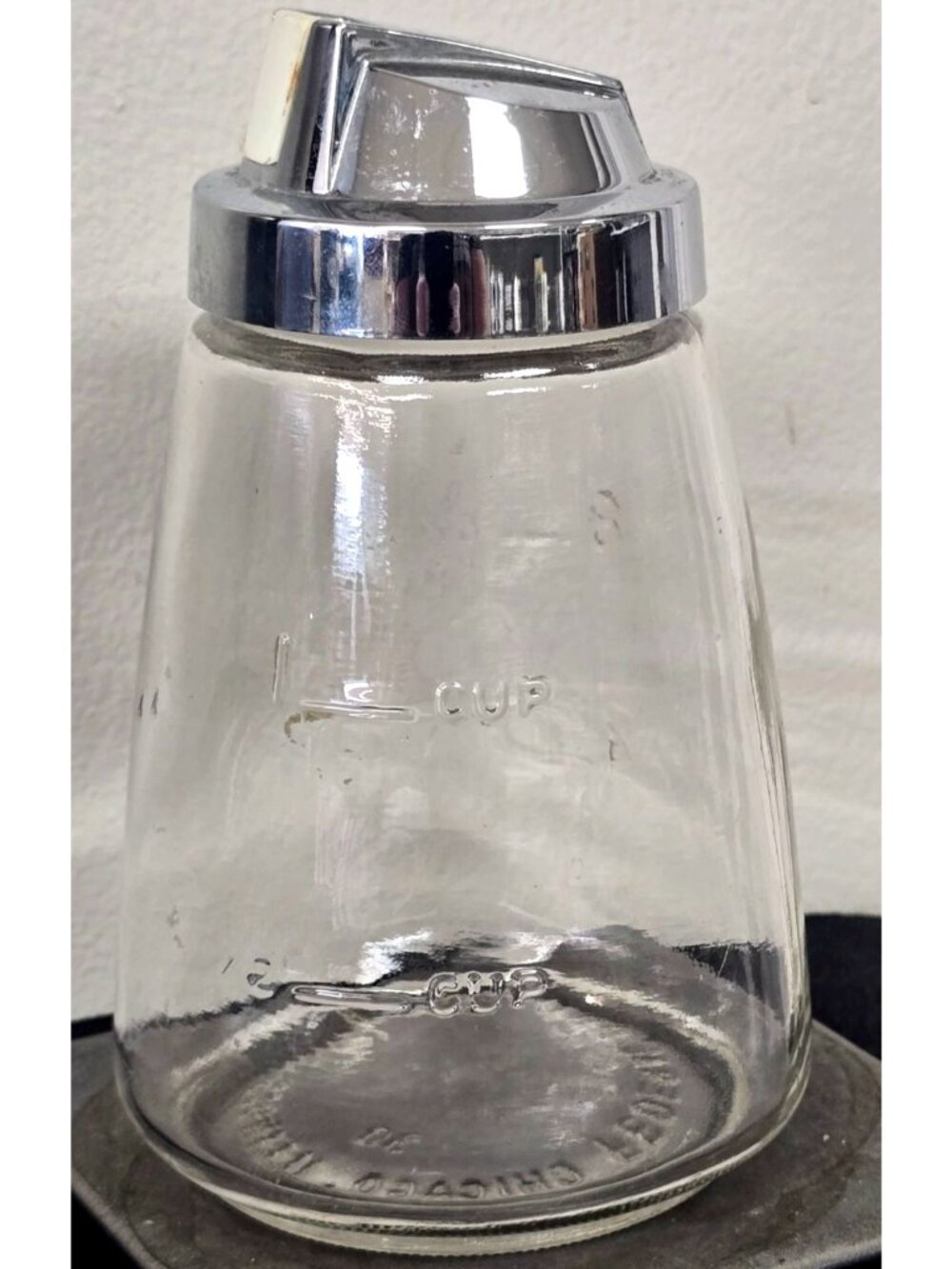 Vintage Federal Housewares Glass Sugar Dispenser Chrome Lid & Pour Spout 1-Cup